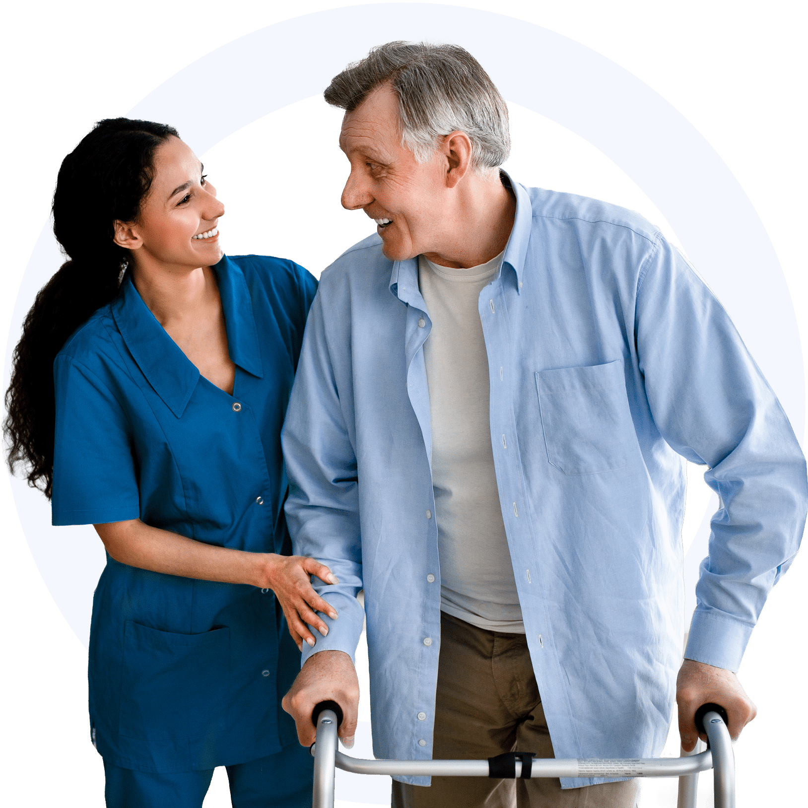 Smiling woman helping older mam using walker