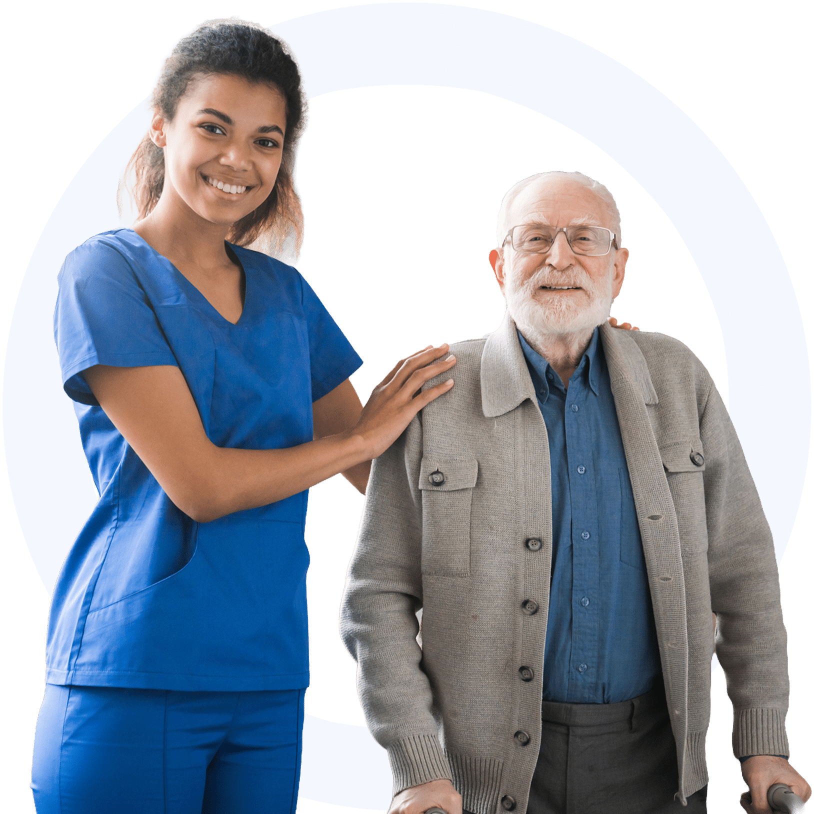 Smiling woman in scrubs assisting older man